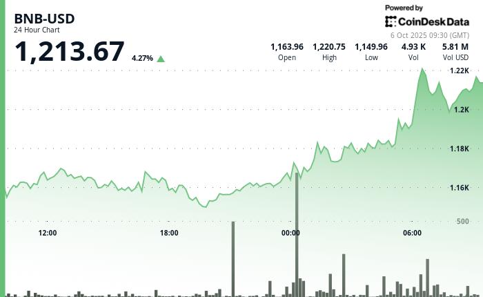 随着链上活动和机构需求加速，BNB 上涨 4%，突破 1.2 万美元